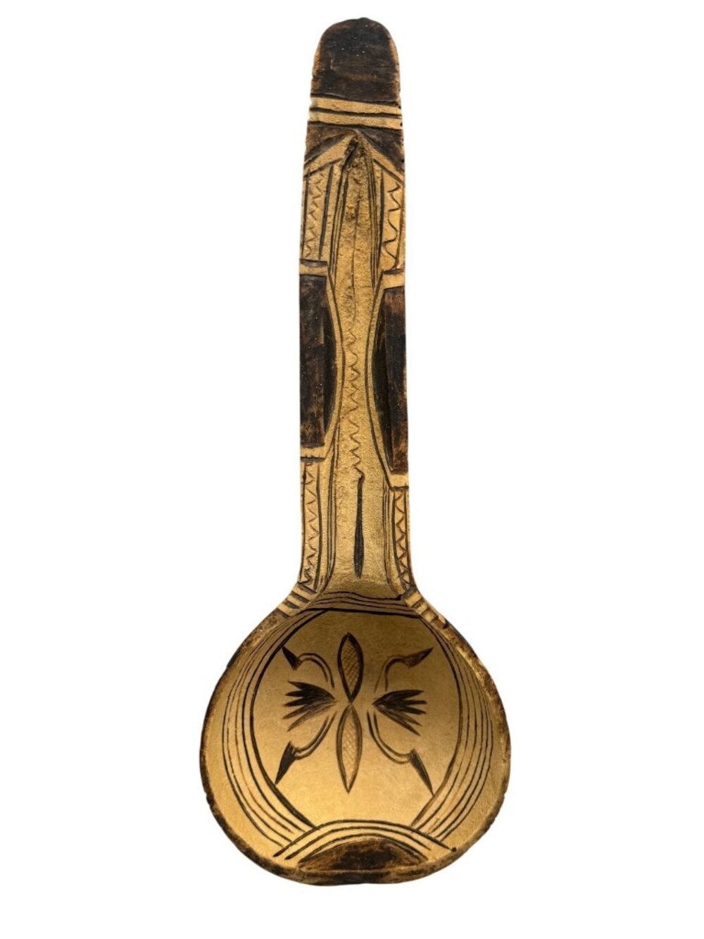 Hand-Carved Wooden Decorative Spoon Gourd Intricate Tribal Burnished Finish READ